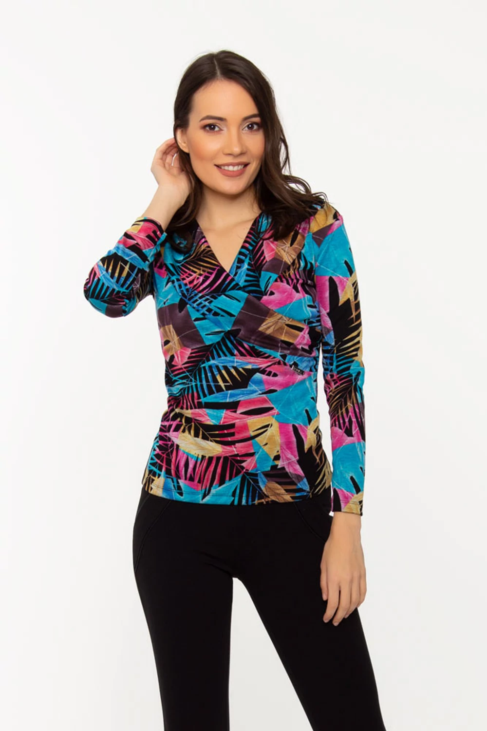 Szandra átlapolt póló - élénk levélmintás Szandra átlapolt póló - élénk levélmintás