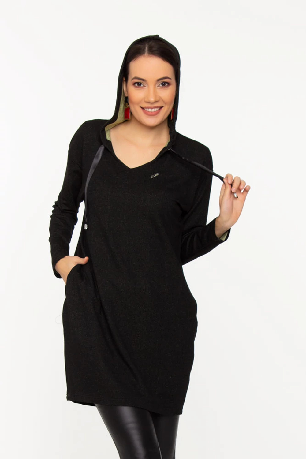 Milla kapucnis tunika - Kéttónusú futter anyag fekete/belül kiwi