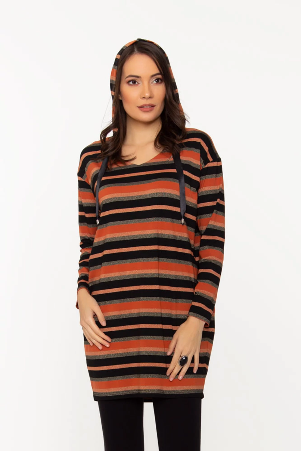 Milla kapucnis tunika - fekete/rozsda/lurex csíkos Milla kapucnis tunika - fekete/rozsda/lurex csíkos