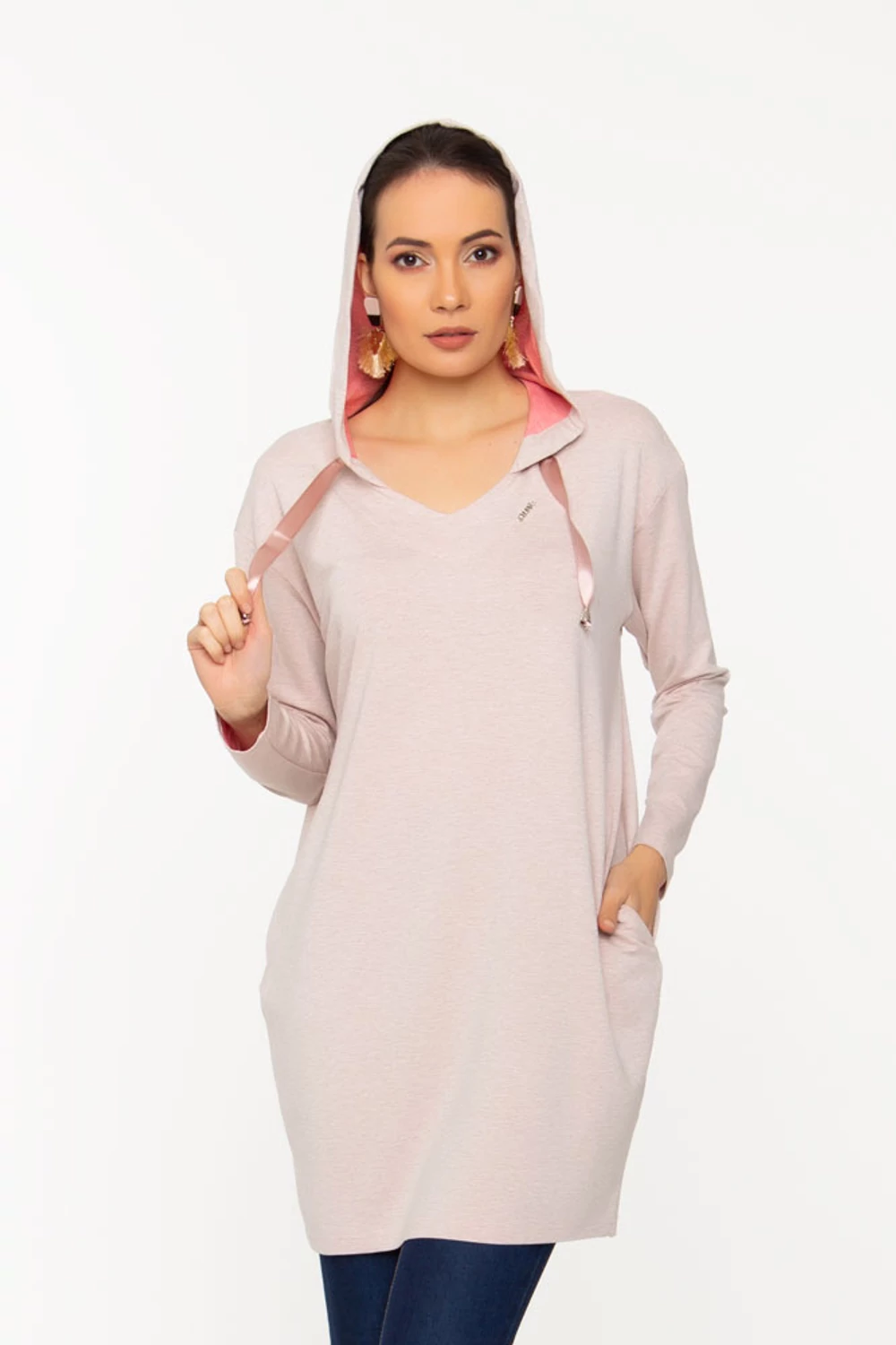 Milla kapucnis tunika - Kéttónusú futter anyag bézs/belül lazac