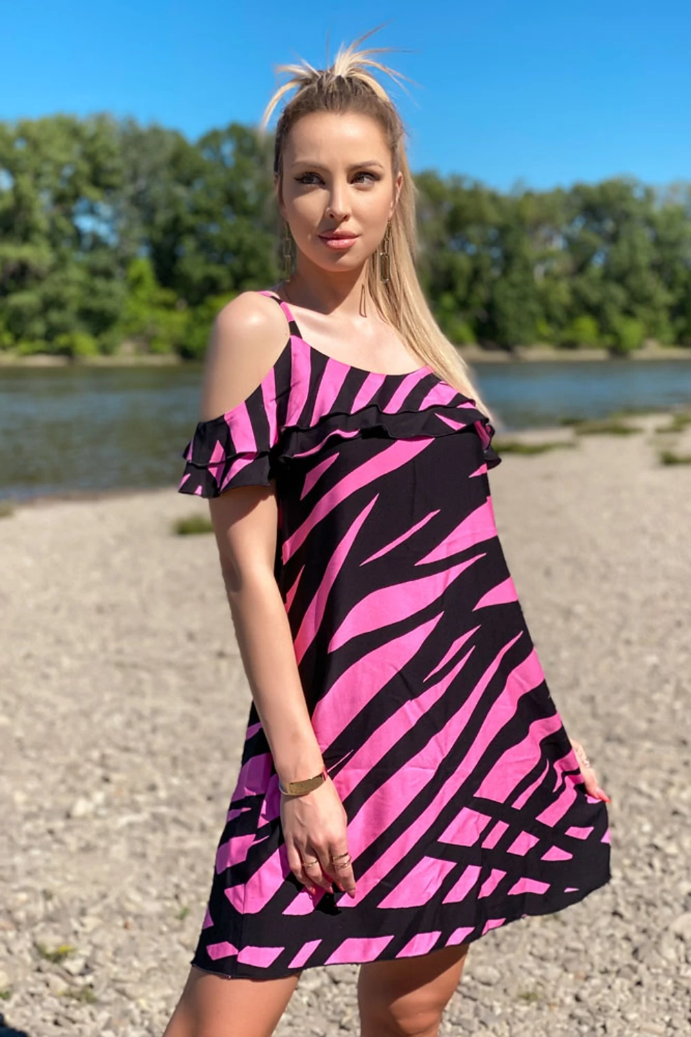 Violetta dupla fodros ruha - pink/fekete