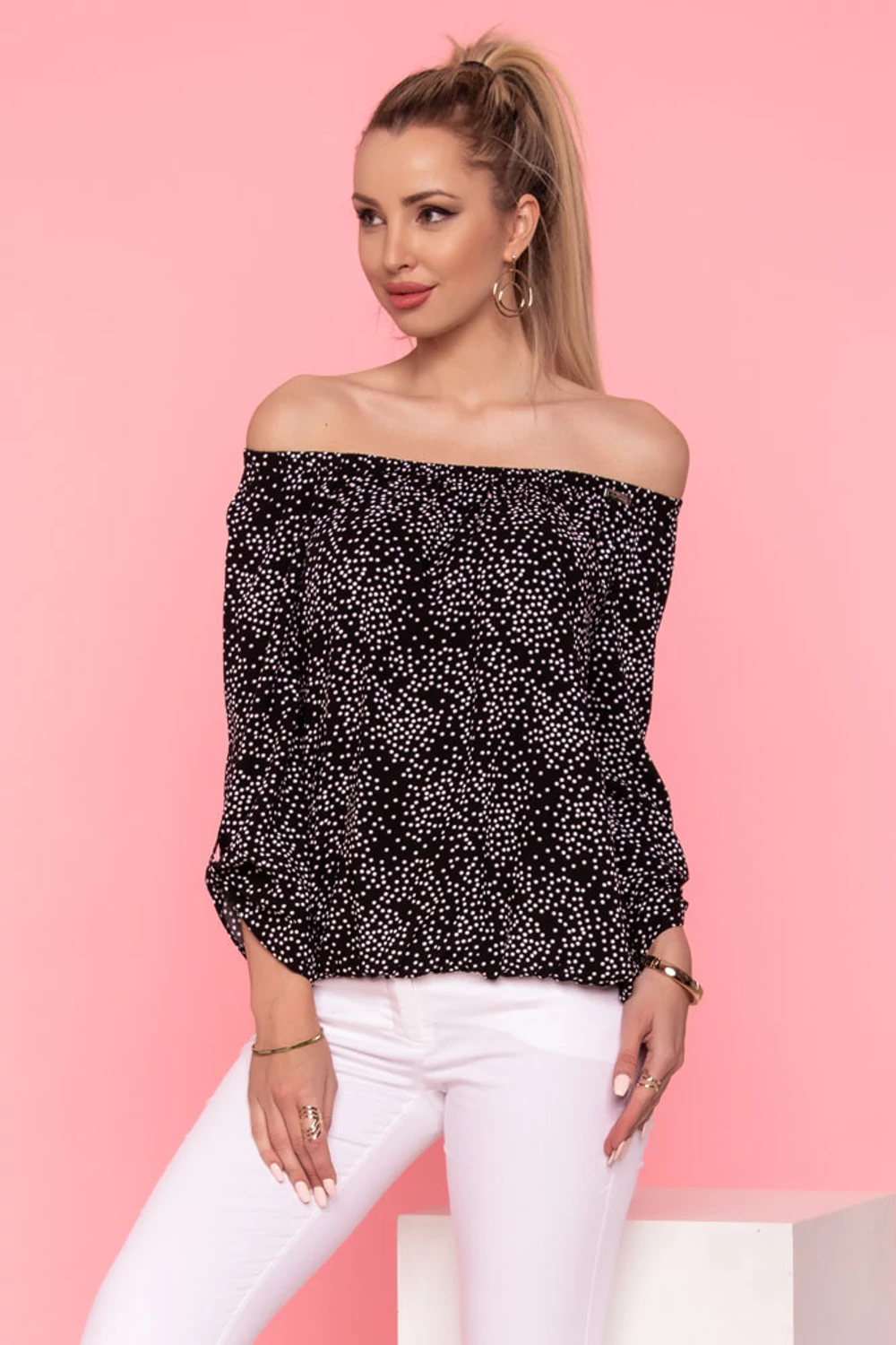 Trixi gumisnyakú blúz - fekete/fehér pötty