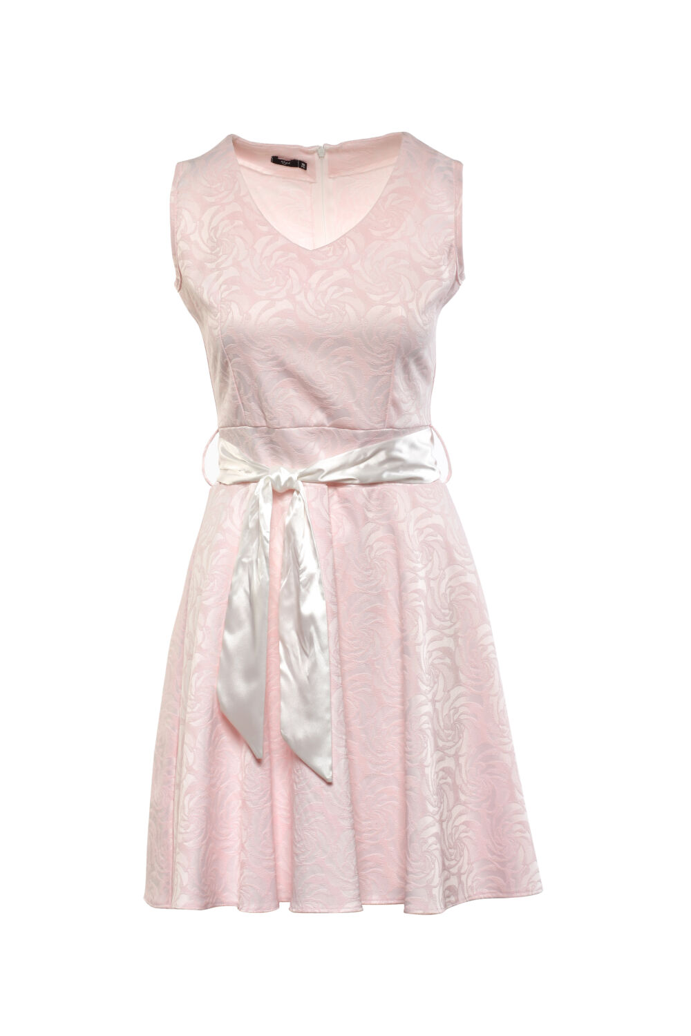 Rózsaszín, anyagában mintás midi ruha, széles fehér masnival